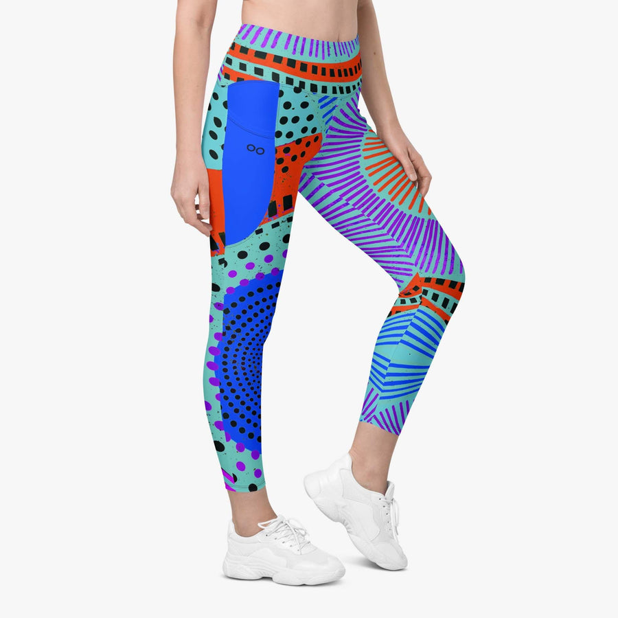 Recycled Printed Leggings "Ethno Pop" Turquoise/Red with pockets