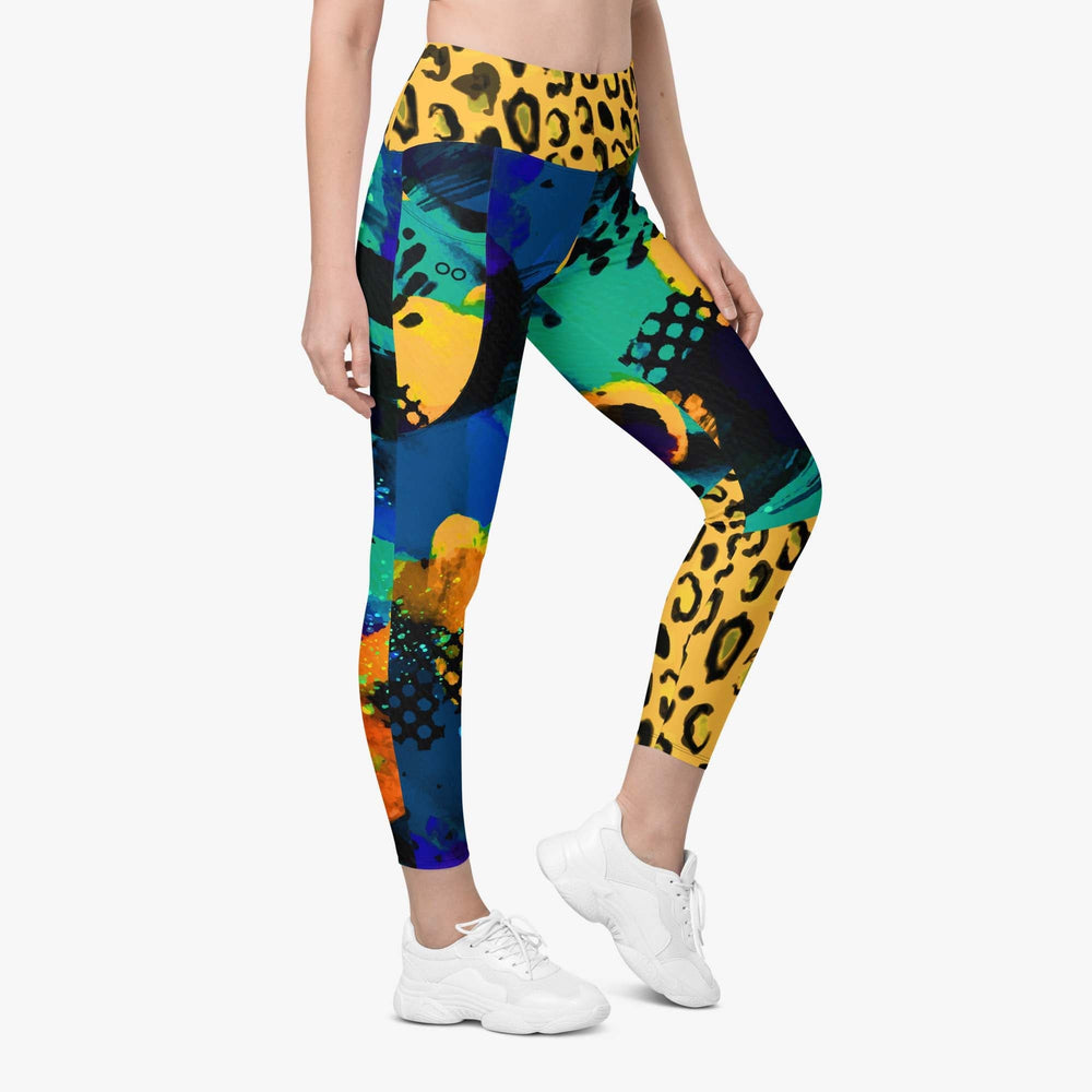 WAREHOUSE Animal Printed Leggings "Wild Canvas" Blue/Yellow with pockets