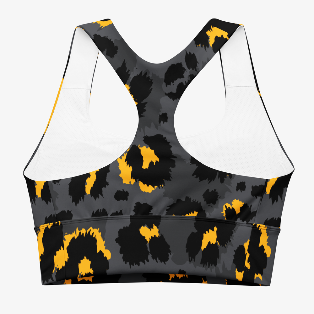 Back view of white longline sports bra with abstract print.