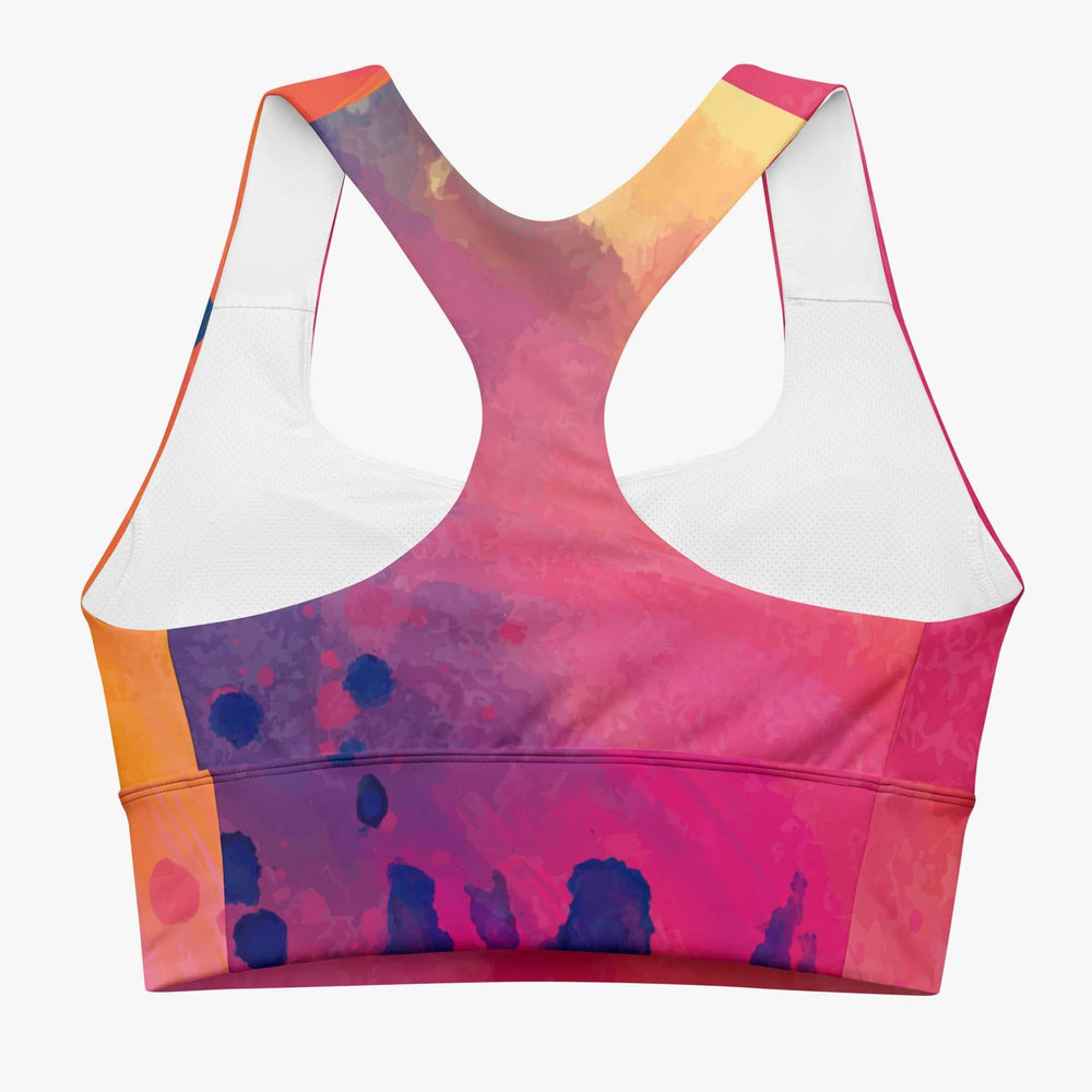 Back view of white longline sports bra with abstract print.