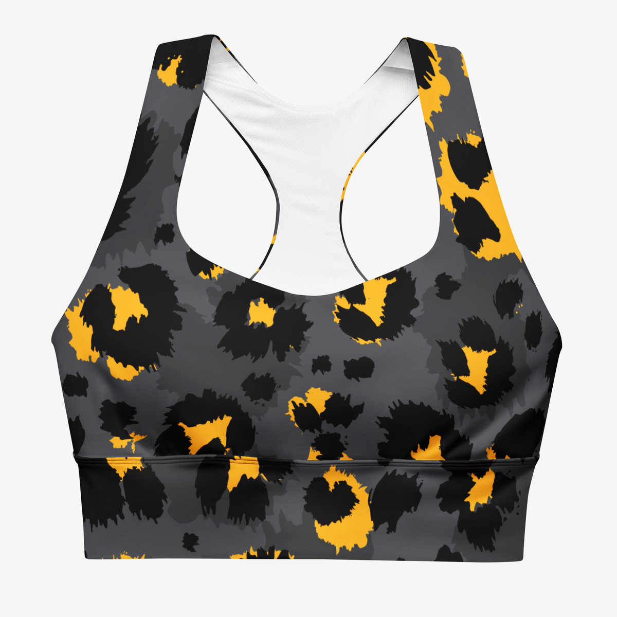 Front view of white longline sports bra with abstract print.