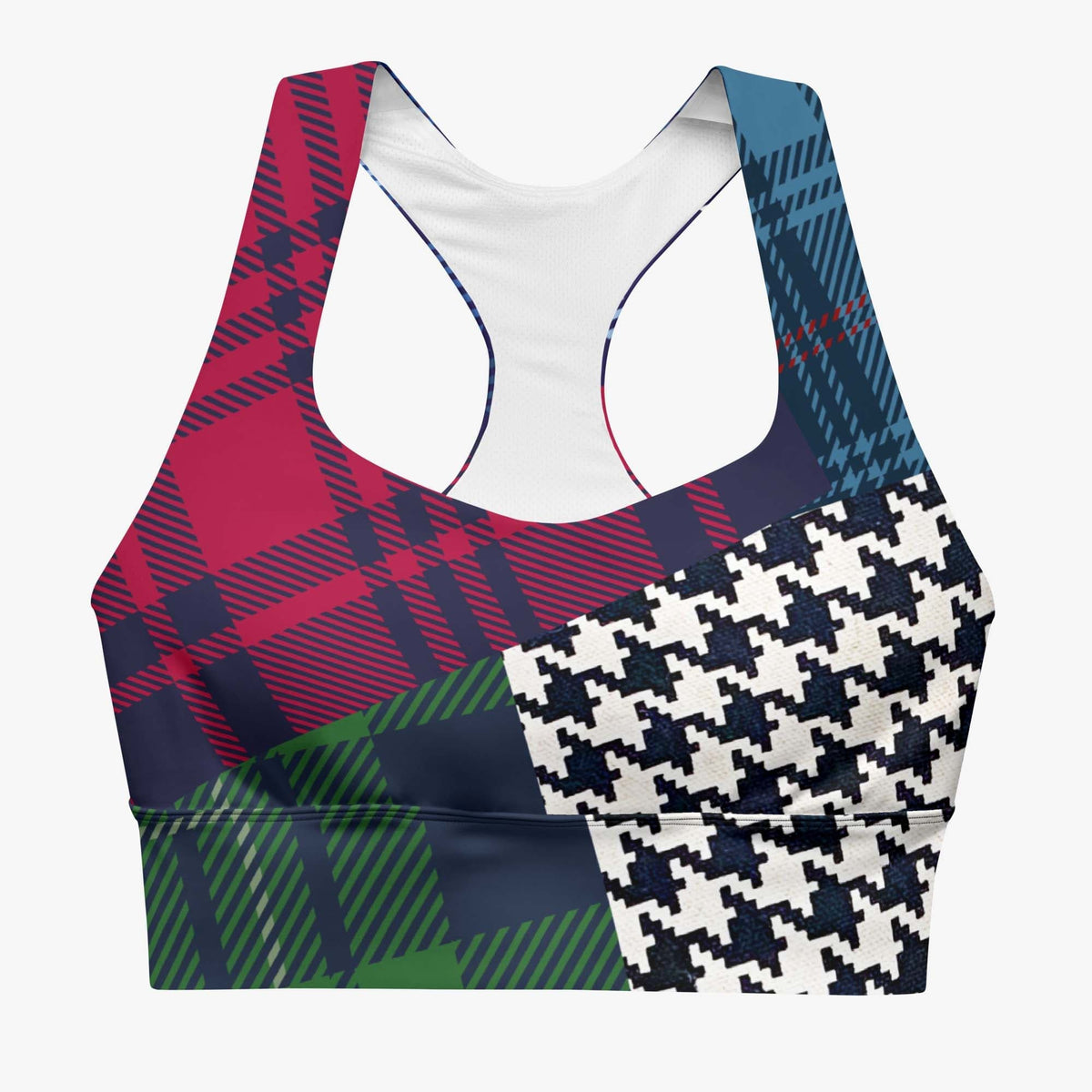 White longline sports bra with an abstract print on the front.