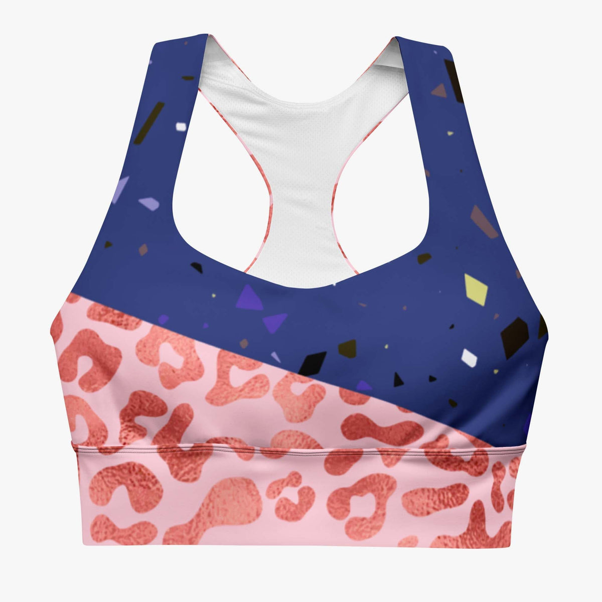 Front view of a white longline sports bra with abstract print.