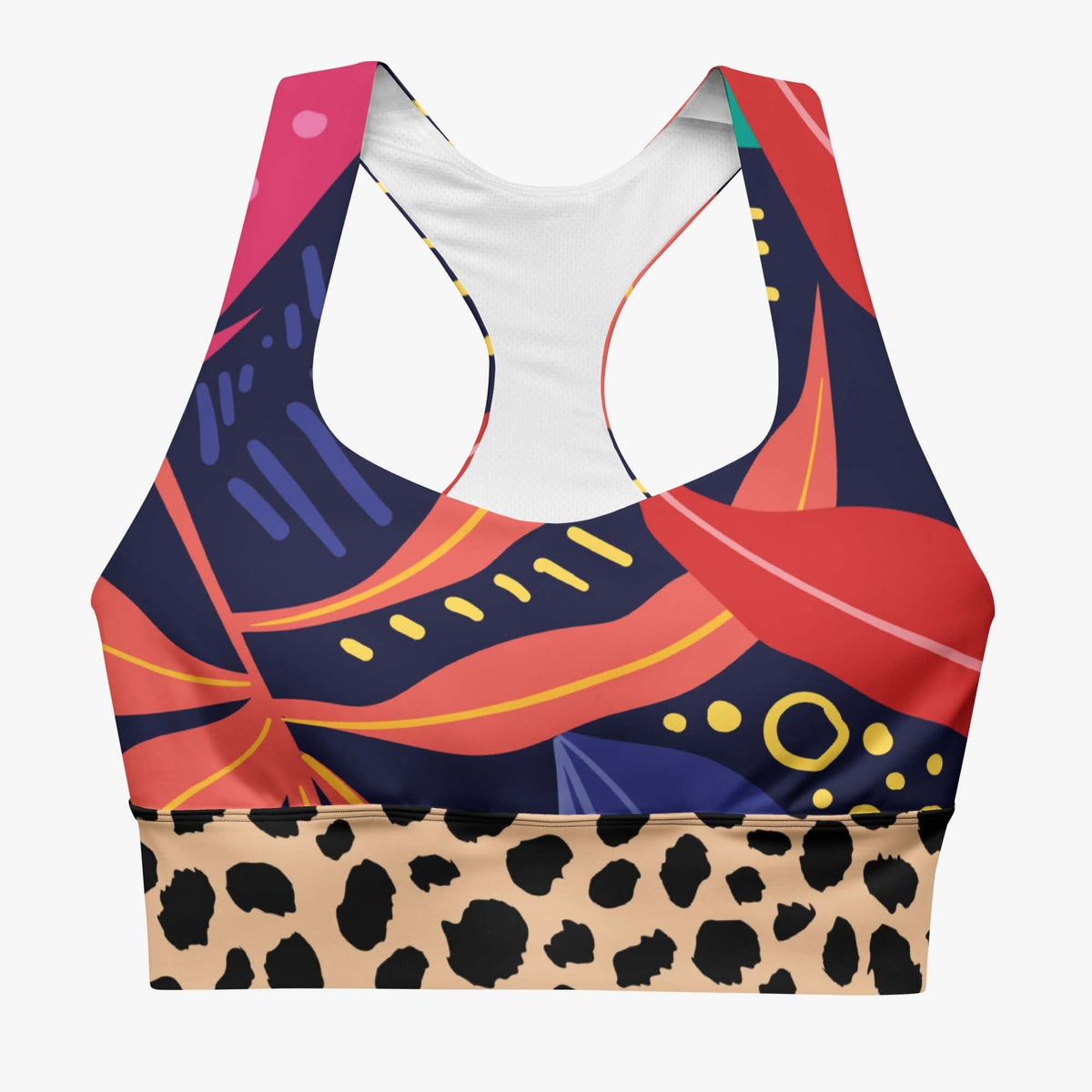 Front view of white longline sports bra with abstract print.