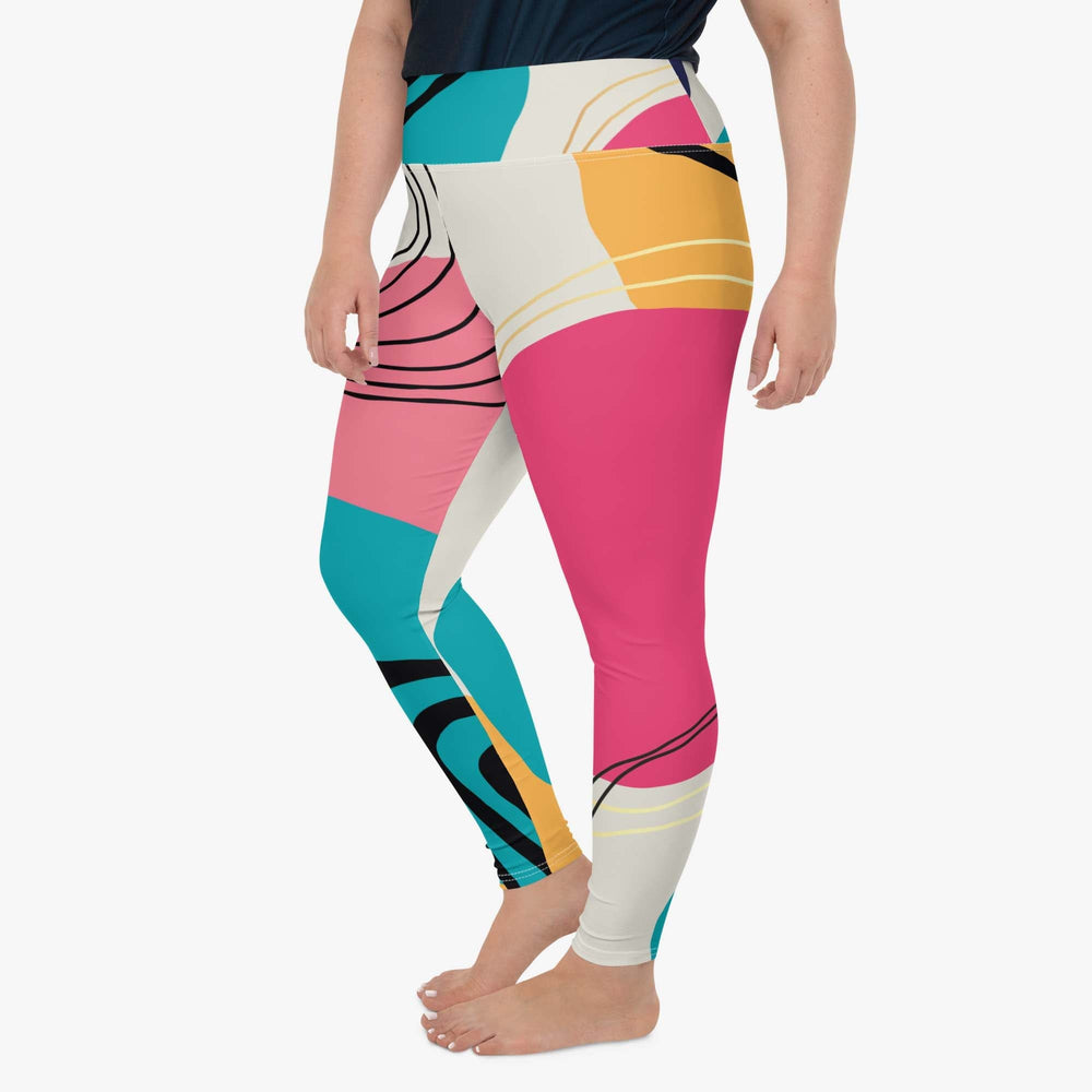 Plus-size white leggings with abstract print, left view.