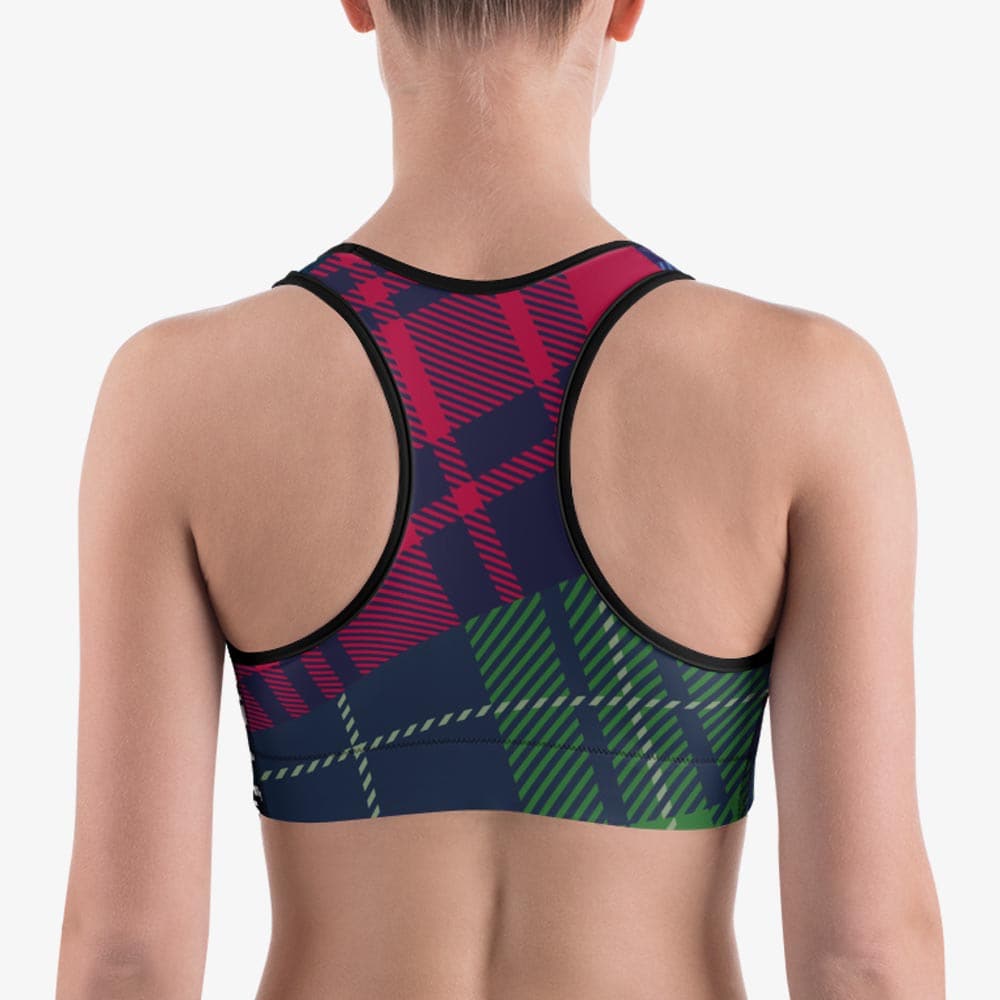 Back view of black sports bra with abstract print.