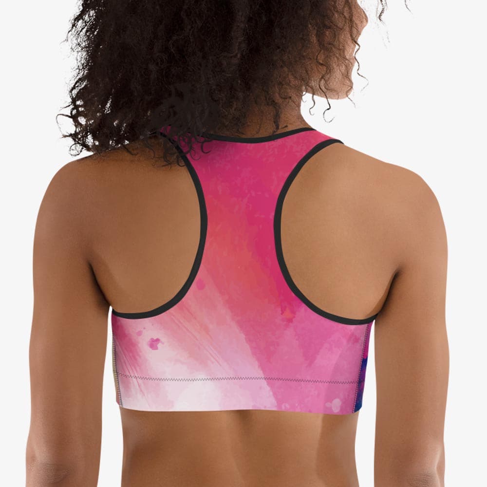 Back view of black sports bra with abstract print.