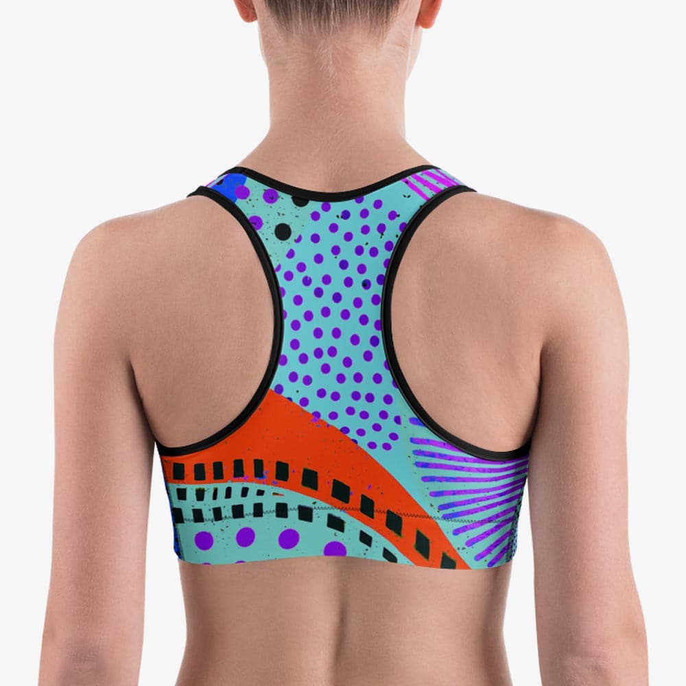 Back view of black sports bra with abstract print.