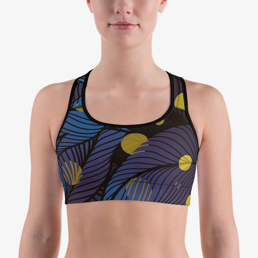 Front view of a black sports bra with abstract print.