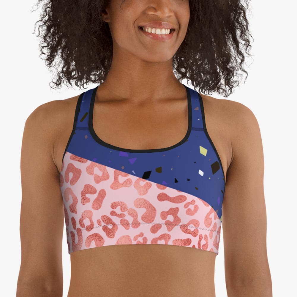 blue and pink cheetah print sports bra