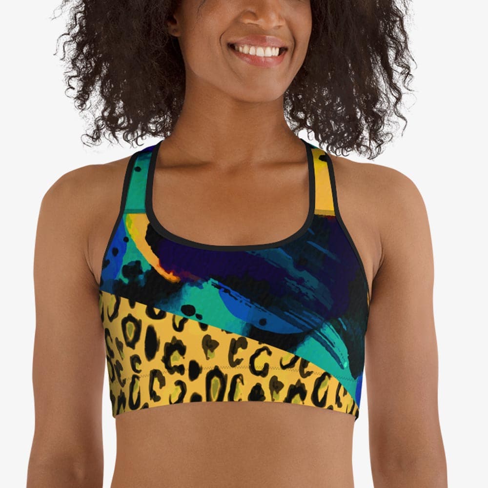Black sports bra with an all-over abstract print.