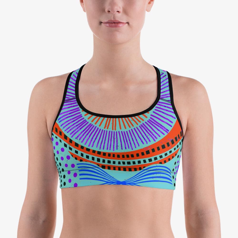 Black sports bra with abstract print, front view.