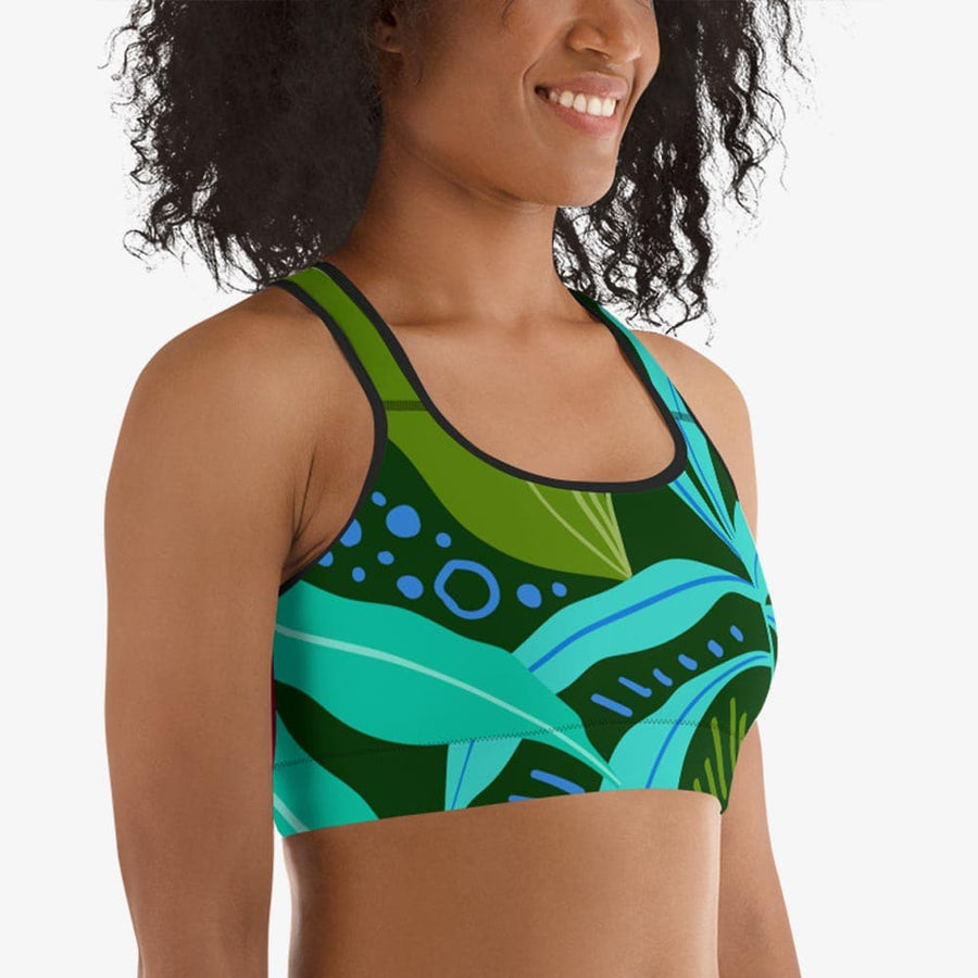 Floral Sports Bra "Animal Leaves" Green/Powder Blue