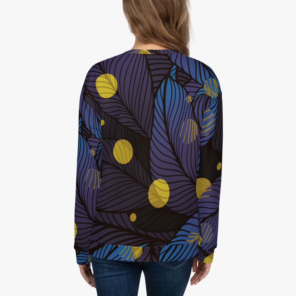 Back view of white unisex sweatshirt with abstract print.