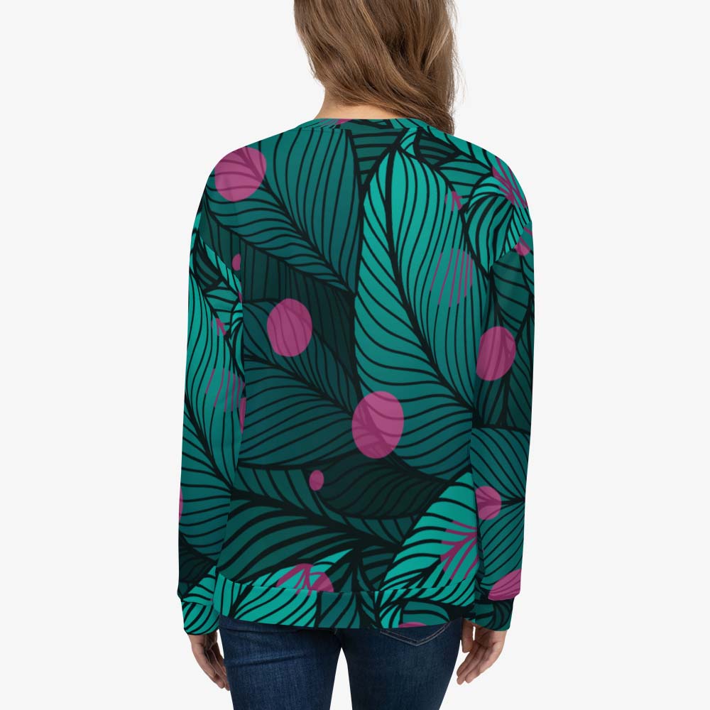 White unisex sweatshirt with abstract print, back view.