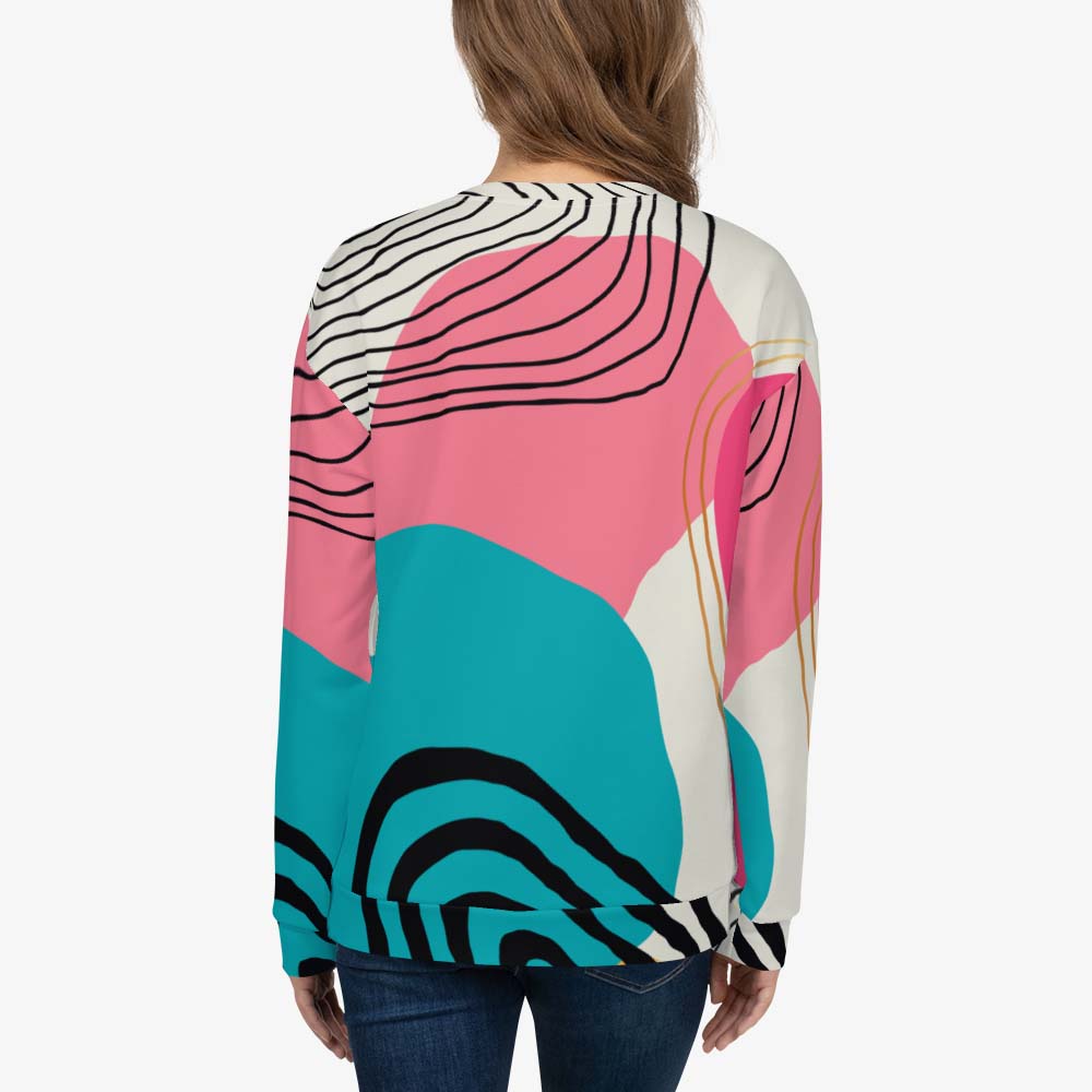 Back view of white unisex sweatshirt with abstract print.