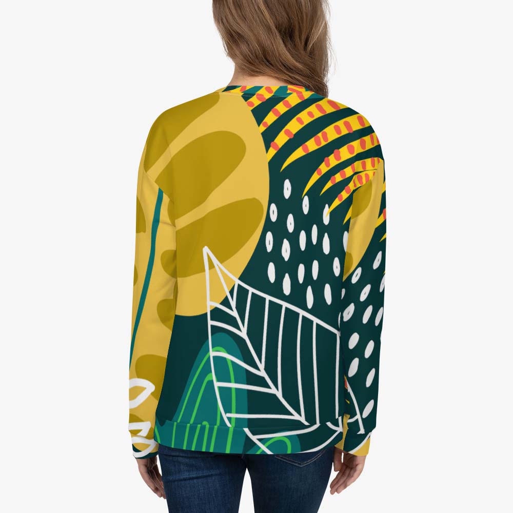 Back view of white unisex sweatshirt with abstract print.