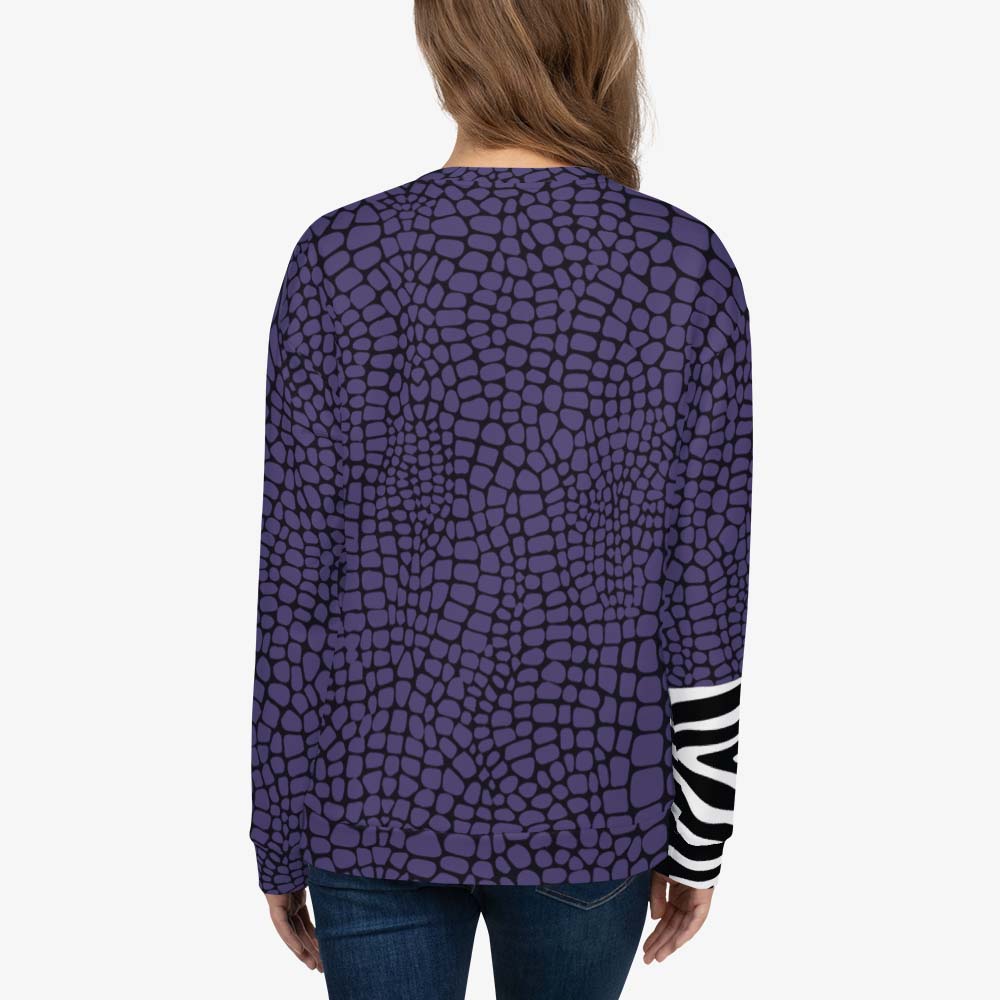 Back view of white unisex sweatshirt with abstract print.