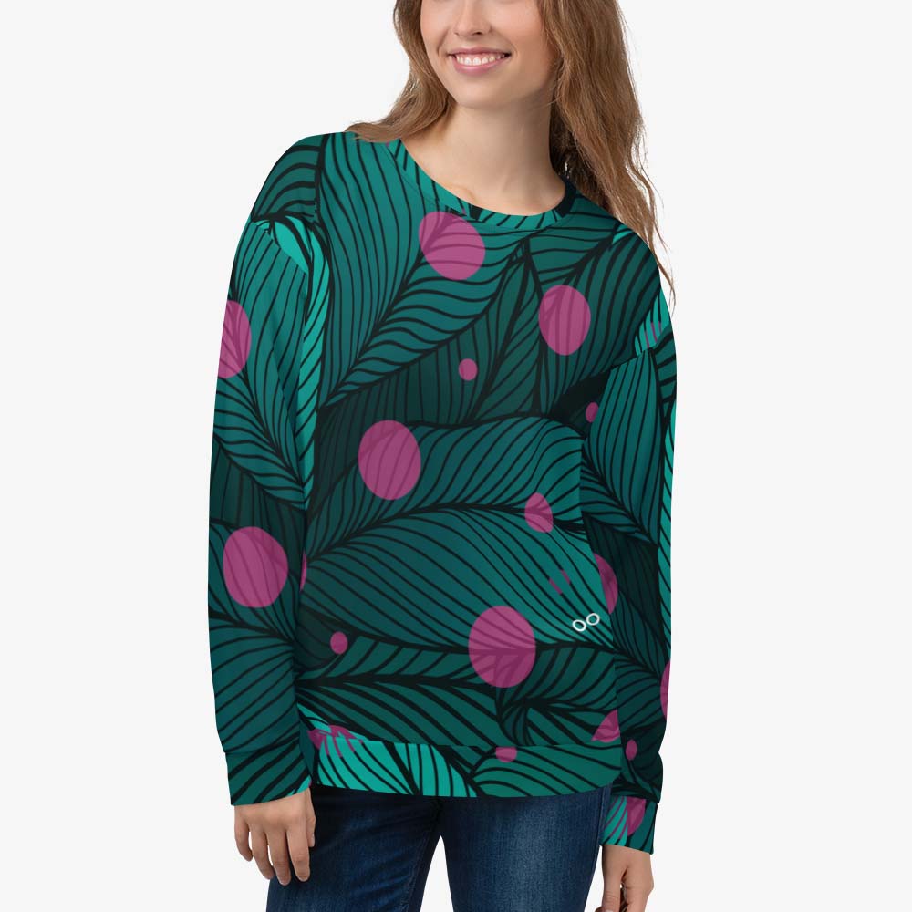 White recycled unisex sweatshirt with abstract print, left front view.