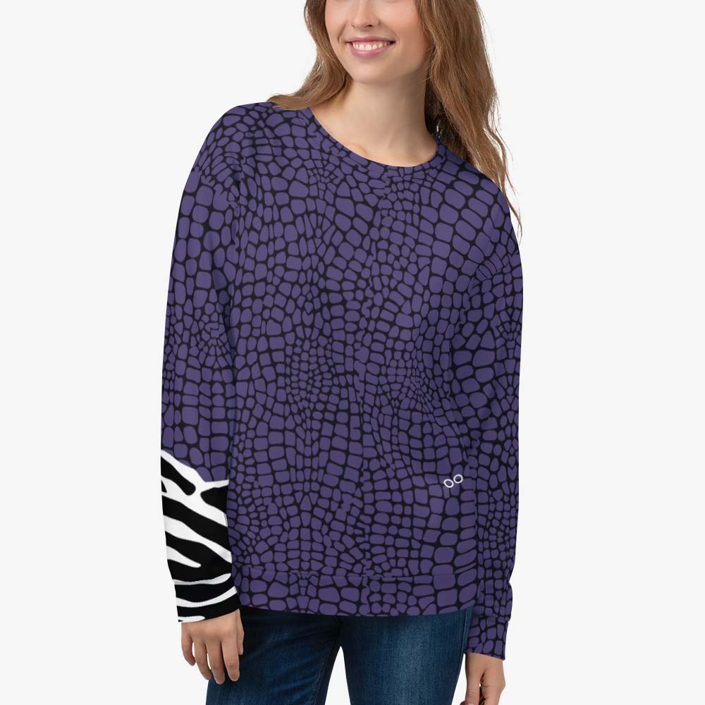 White unisex sweatshirt with abstract print, front view.