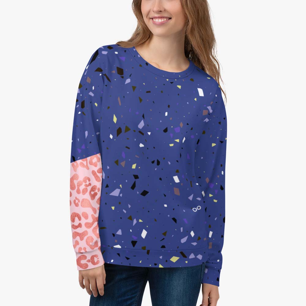 Left front view of white recycled unisex sweatshirt with abstract print.