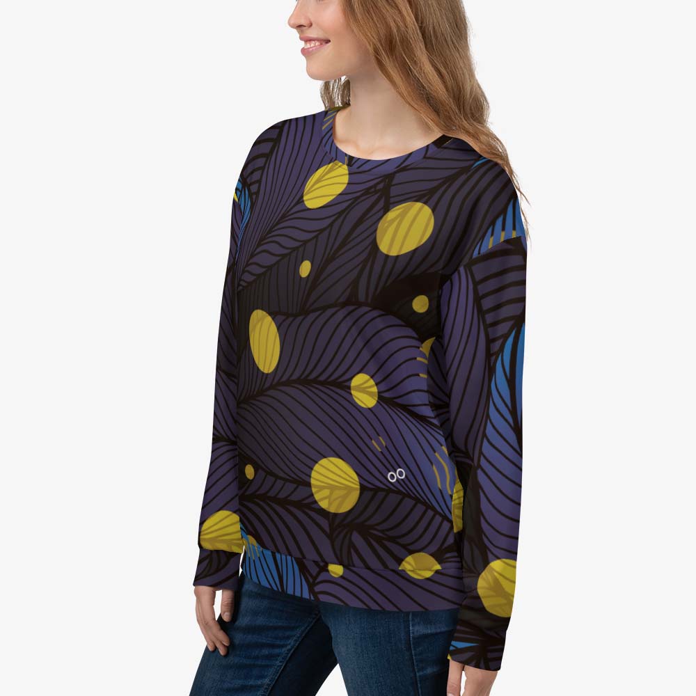 Left front view of white unisex sweatshirt with abstract print.