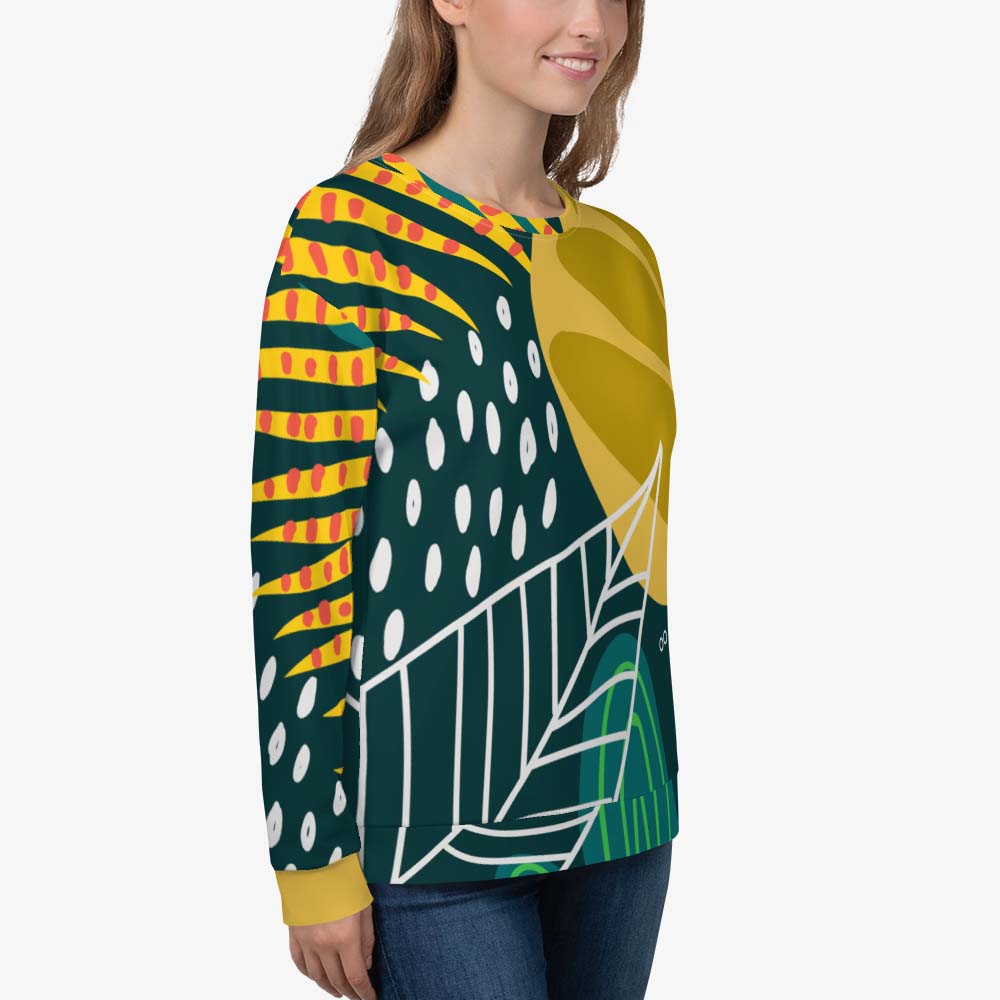 Right front view of white unisex sweatshirt with abstract print.