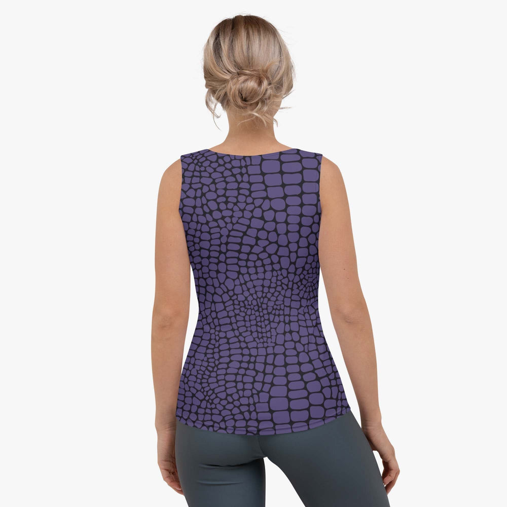 Back view of white women's tank top with abstract print.