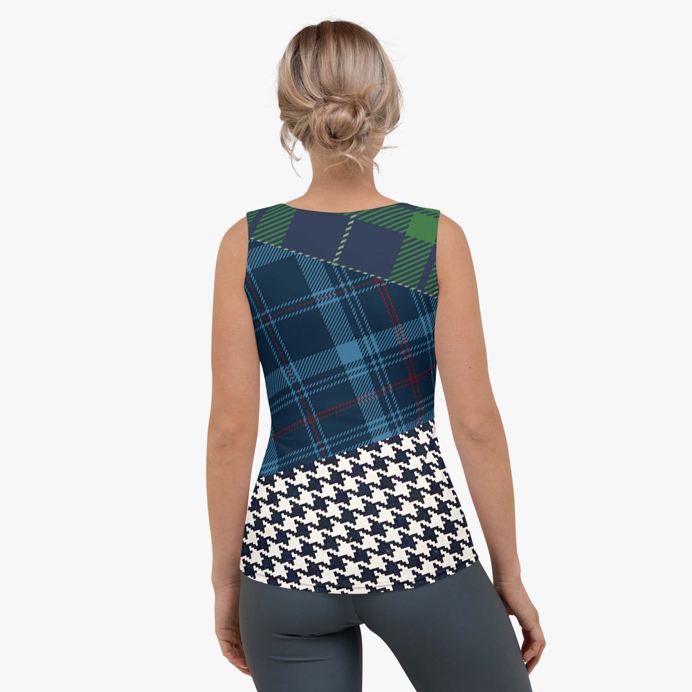 White tank top with abstract print, back view.