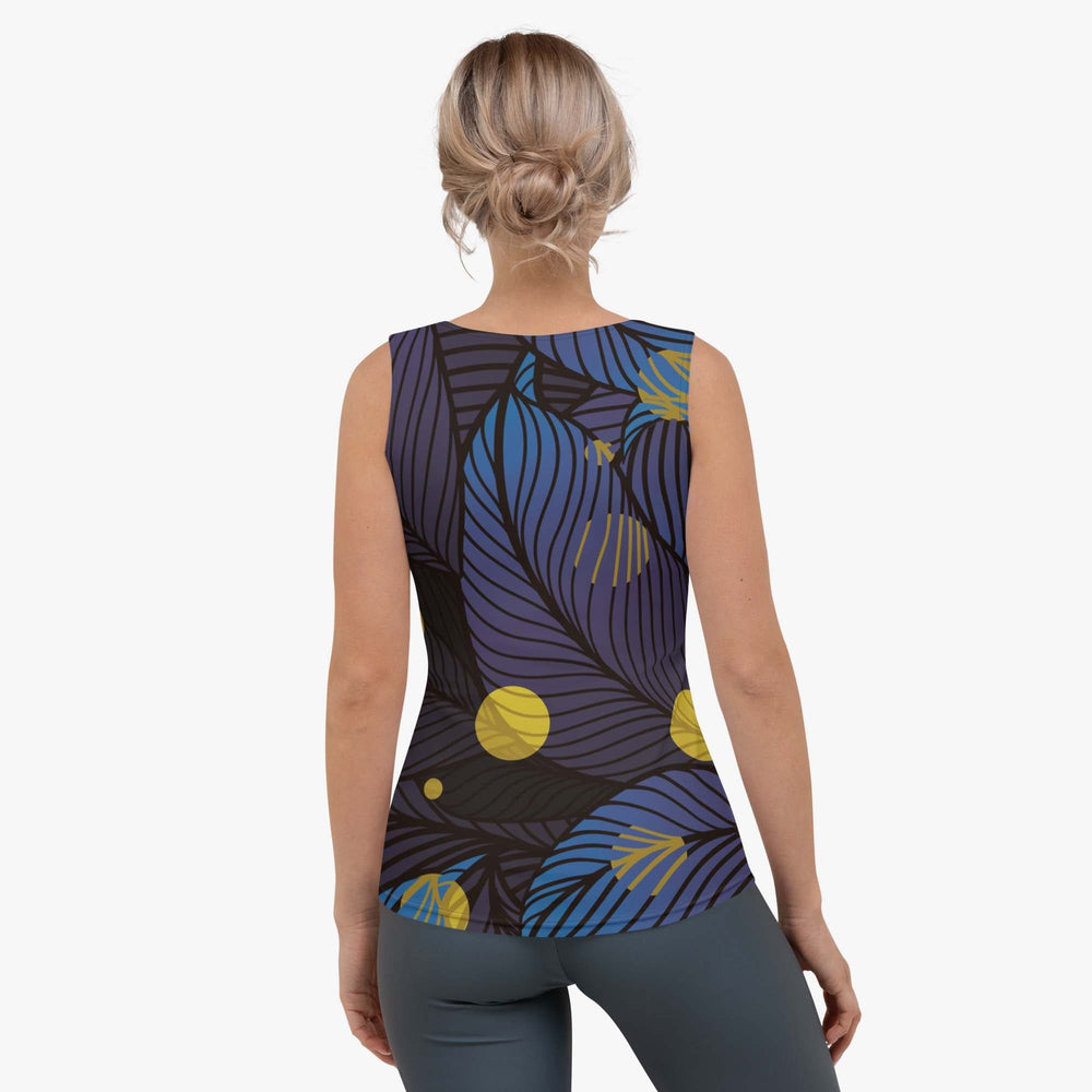 Back view of a white women's tank top with abstract print.