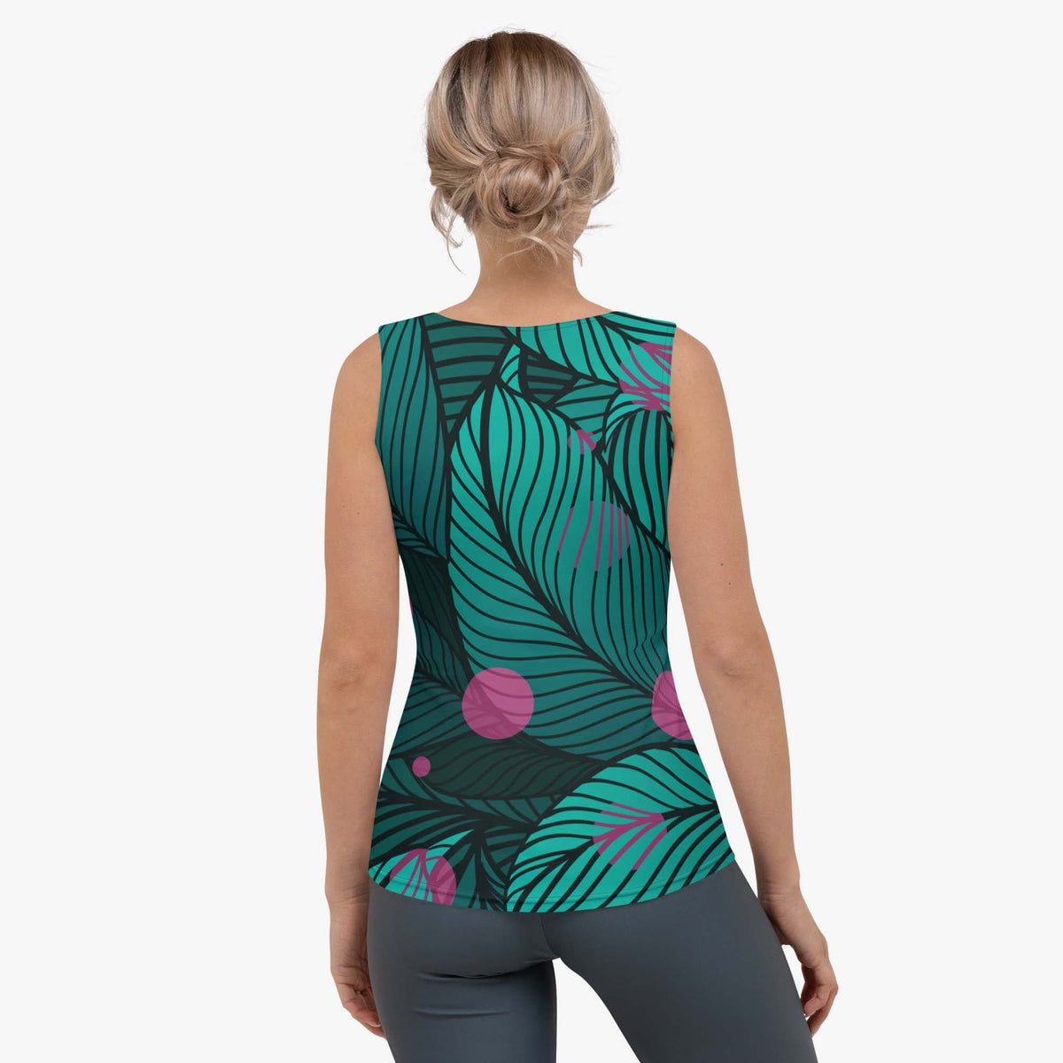 Product details of white leggings with pockets and abstract print.