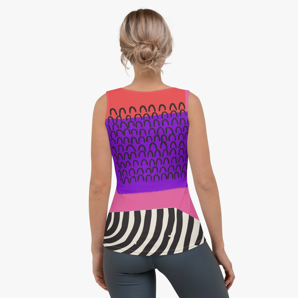 Back view of white women's tank top with abstract print.