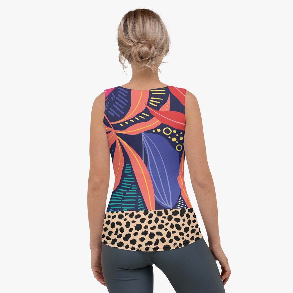 Back view of white women's tank top with abstract print.