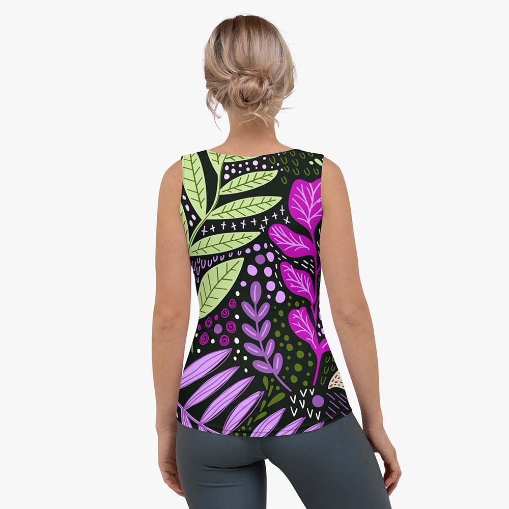 Back view of white women's tank top with abstract print.