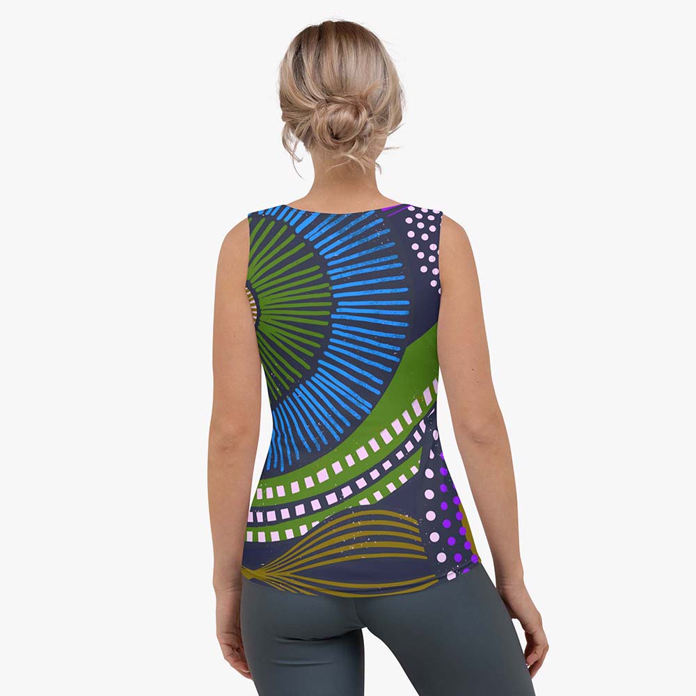 Back view of white women's tank top with abstract print.