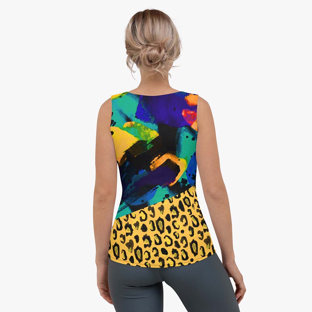 Back view of white women's tank top with abstract print.