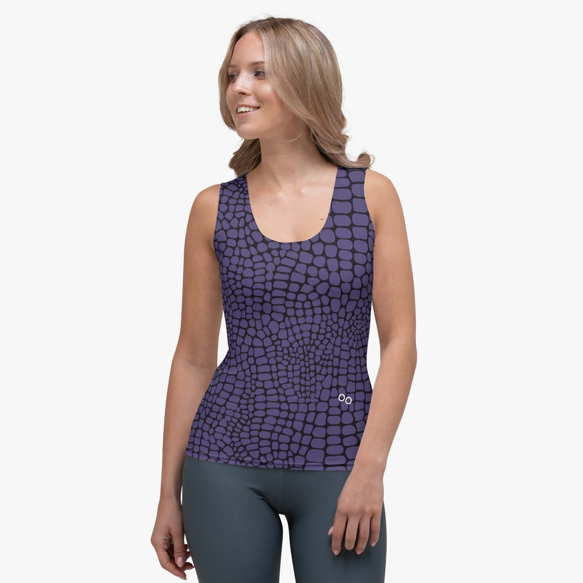 Front view of a white tank top with abstract print.