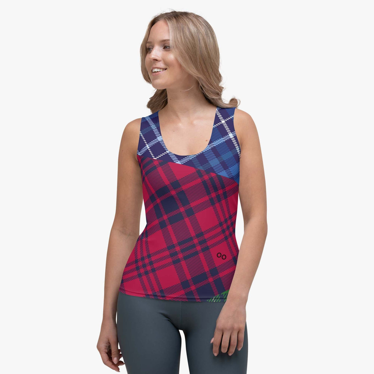 Front view of white women's tank top with abstract print.