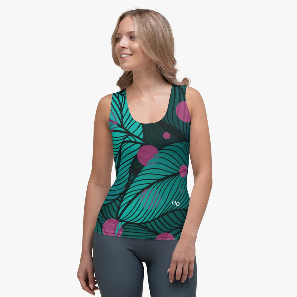 Front view of white women's tank top with abstract print.