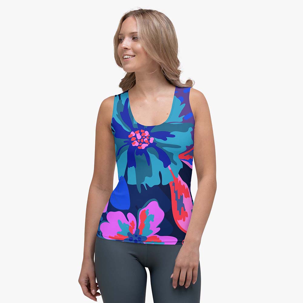 blue and pink floral monochrome tank top