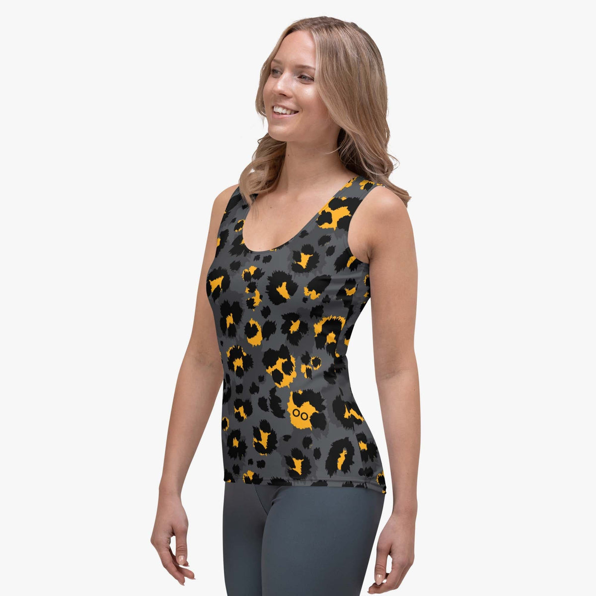Left front view of white women's tank top with abstract print.