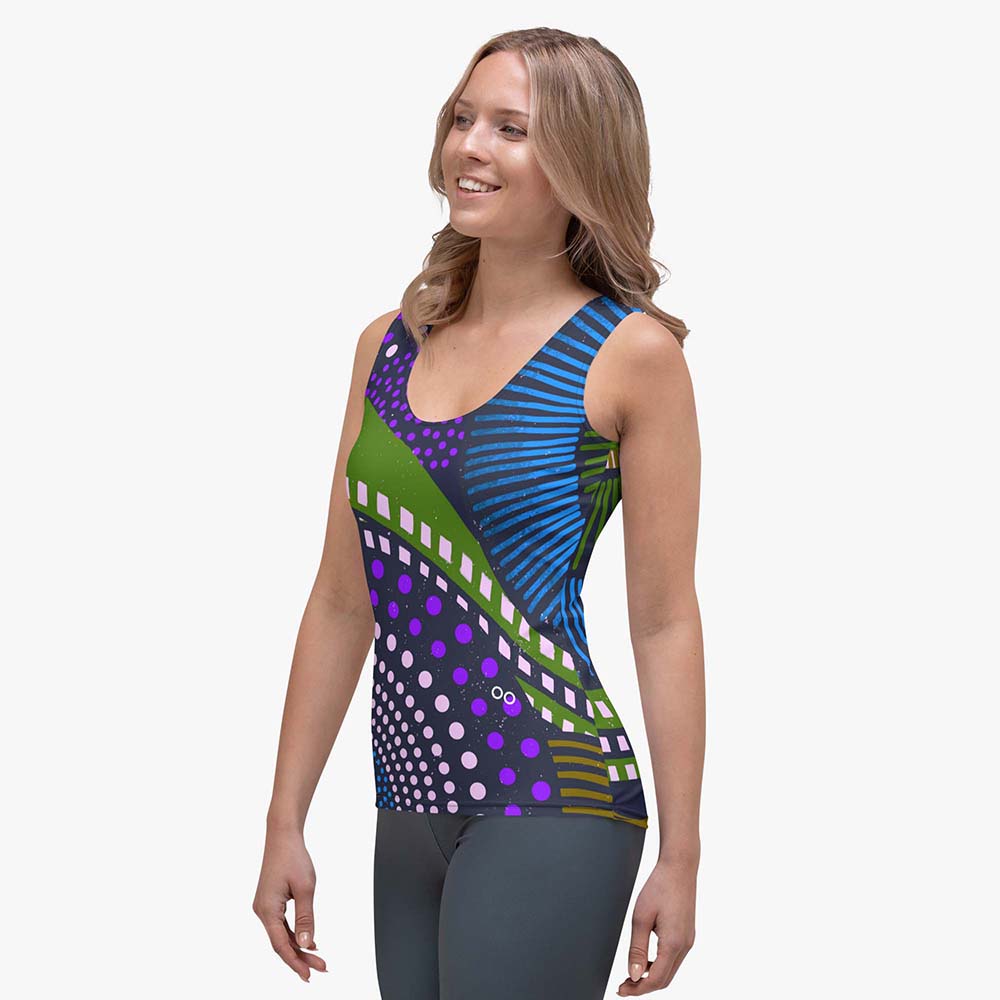 Left front view of white women's tank top with abstract print.
