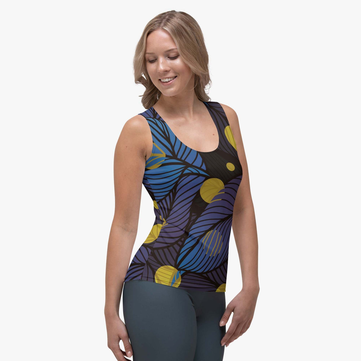 Right front view of white women's tank top with abstract print.