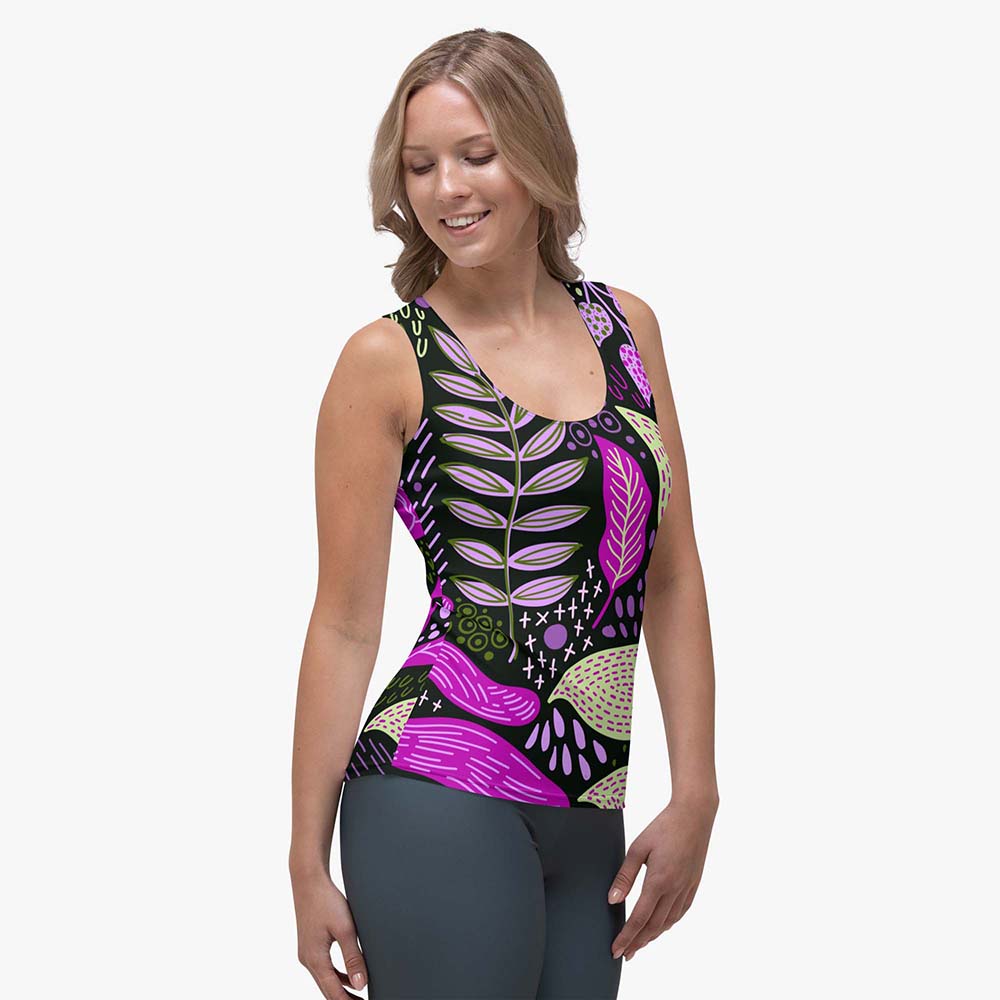 Right front view of white women's tank top with abstract print.