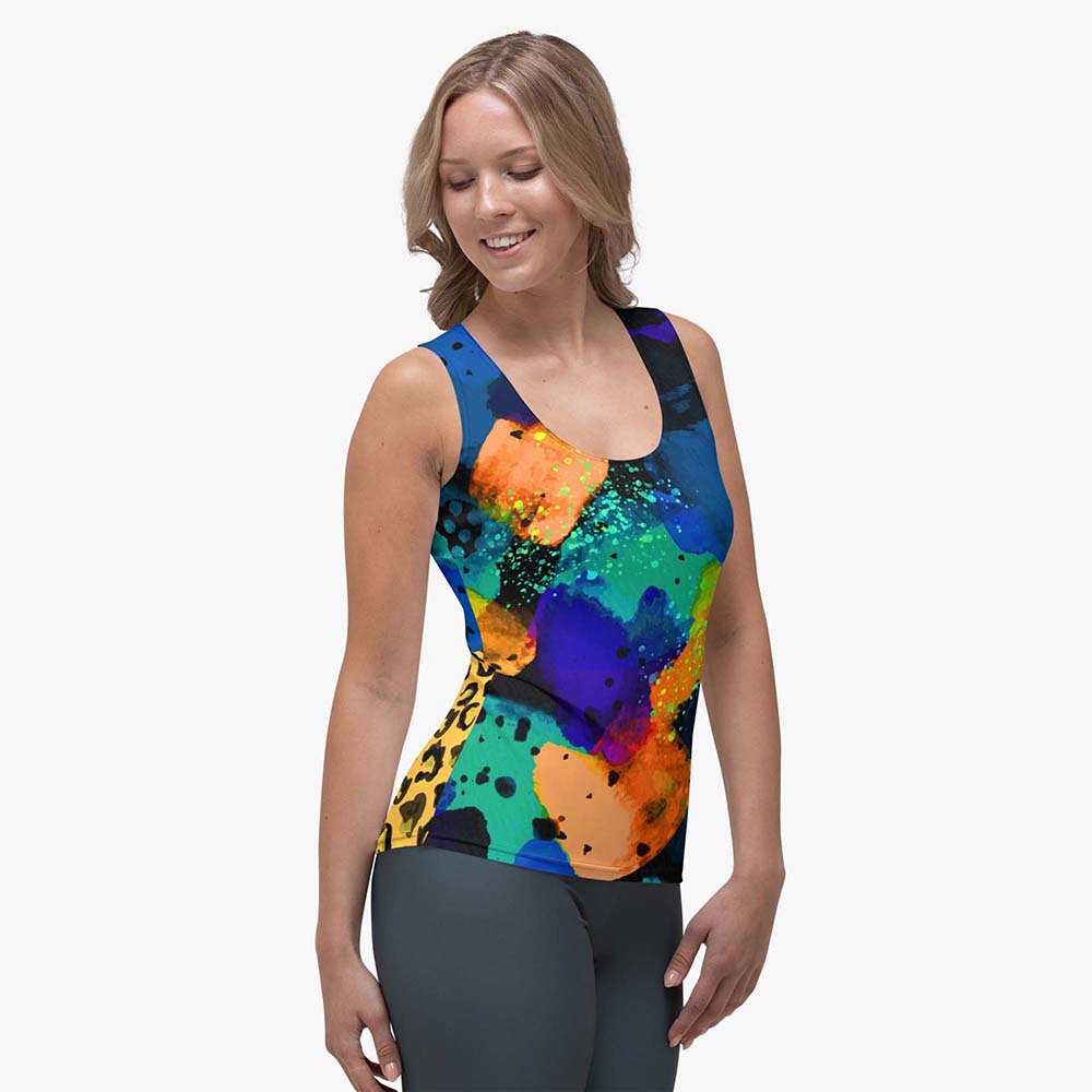 Right front view of a white women's tank top with abstract print.