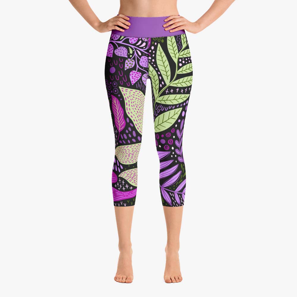 Front view of white yoga capri leggings with abstract print.