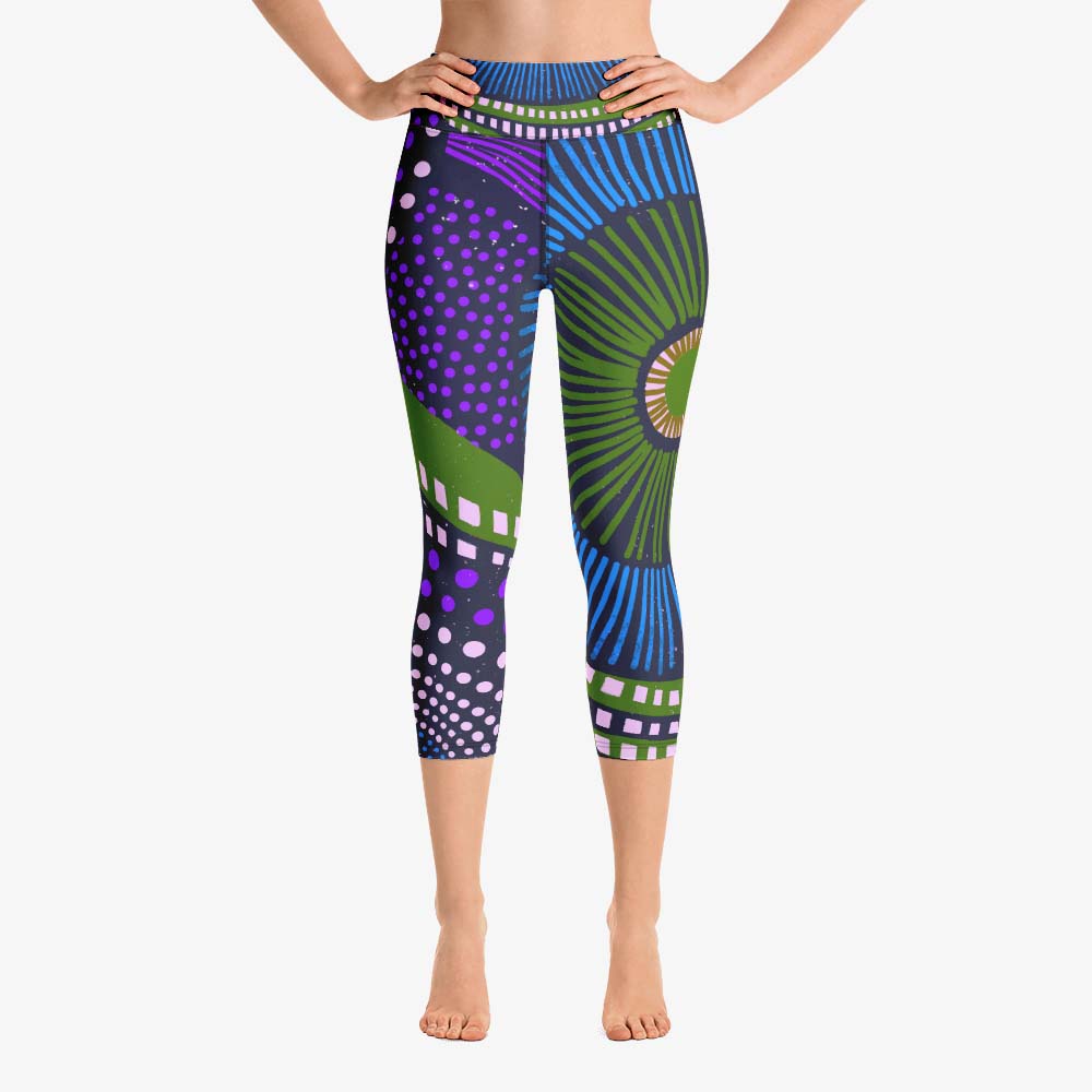 green and blue abstract capri leggings
