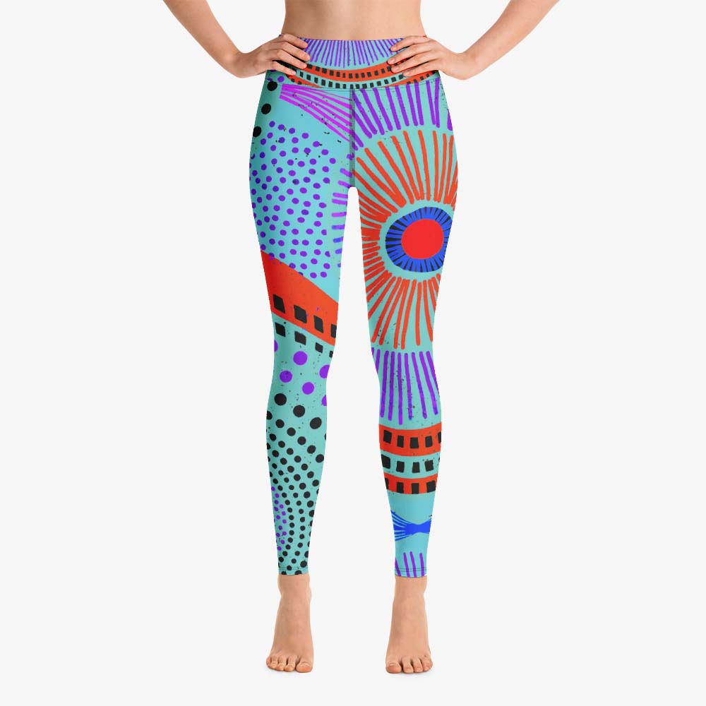 Front view of white yoga leggings with abstract print.