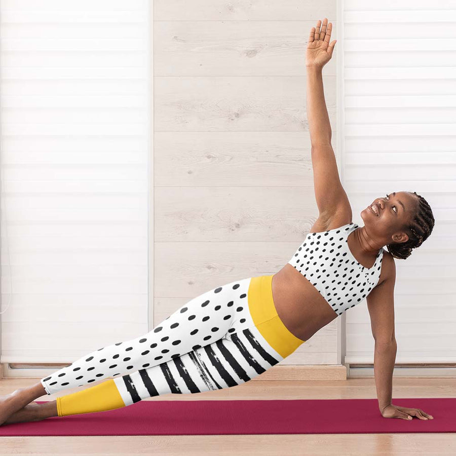 Funky patterned leggings for women. Perfect for Yoga, Pilates and Gym. Model "Dots and stripes" yellow.