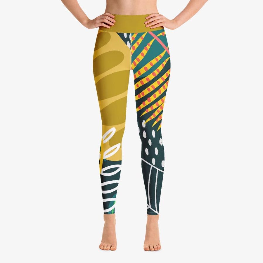 Funky floral leggings for women. Model "Tropics" Olive and green front.